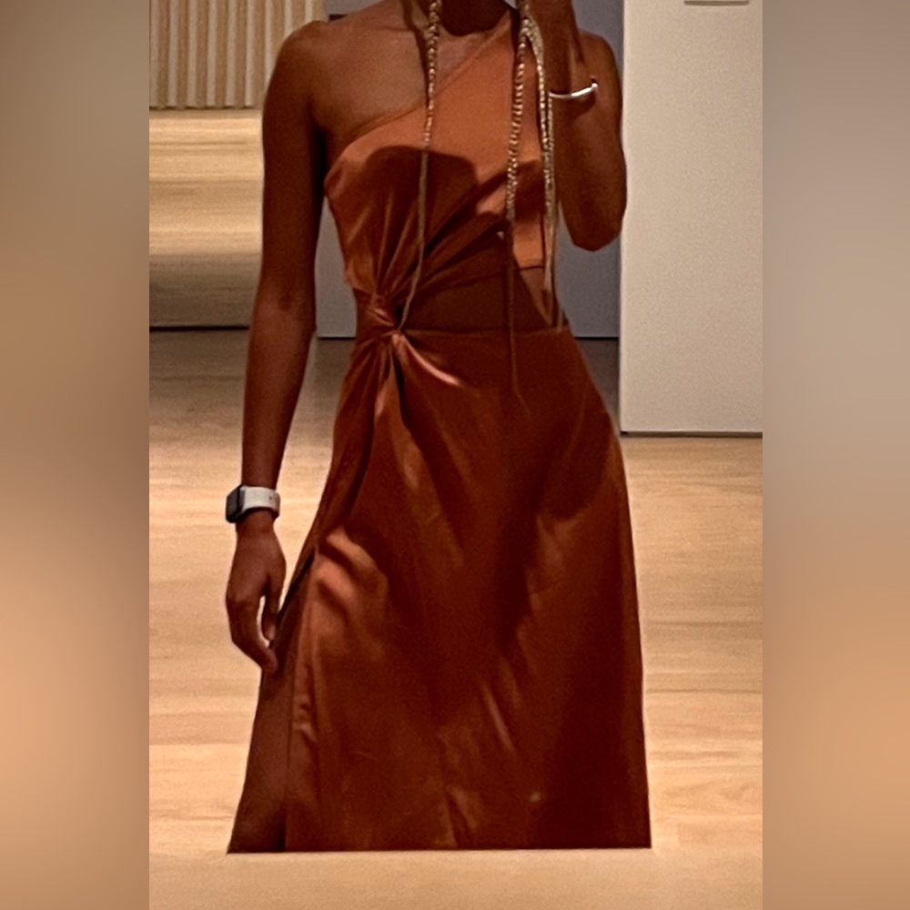 Satin One-Shoulder Twist Midi Dress — Copper Brown